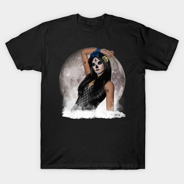 Sugar Skull Vision Blue Eyes Black Lips Full Moon T-Shirt by FutureImaging